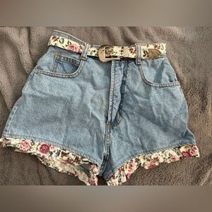 California Concepts Vintage Floral Trim Light Blue Denim Shorts with Belt